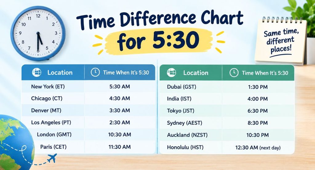 time difference chart for 530